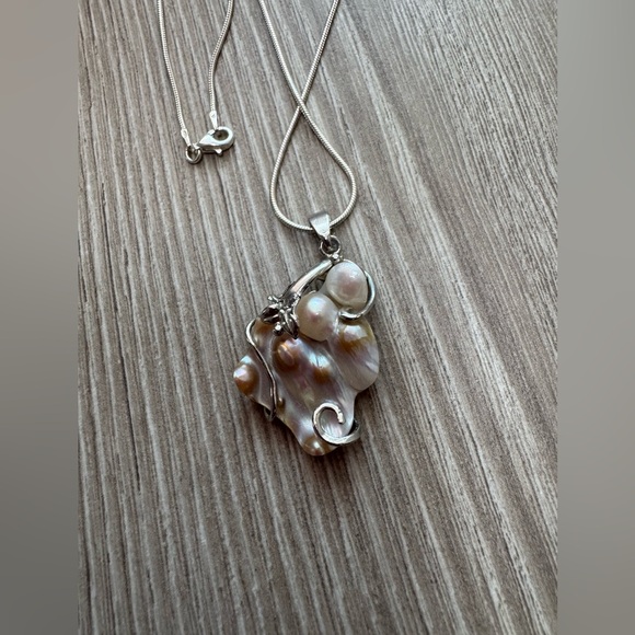Jewelry - Antique 18k GP Natural Shell Pearl Silver Embellished Pendant Necklace